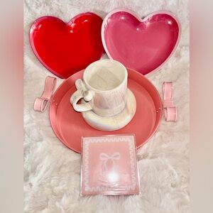 Pink Metal Tray & Iridescent Bow mug Ceramic & Heart plates & Bow Coaster Set